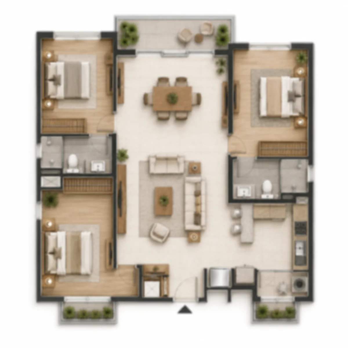 3 BHK two-toilet 1,450-1,650 sq ft floor plan at Prestige Pulimamidi, Kandukur, Hyderabad