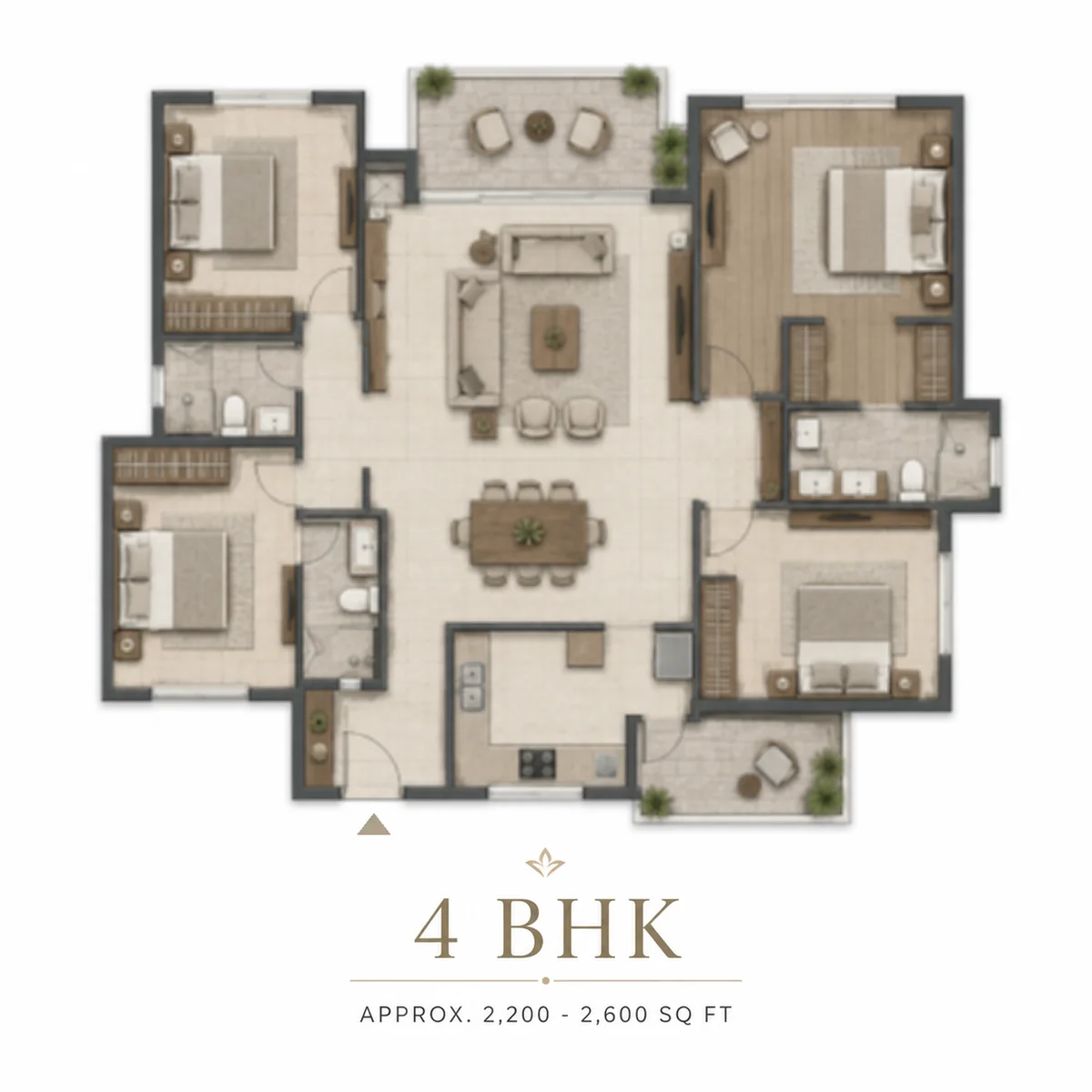 4 BHK 2,200-2,600 sq ft floor plan at Prestige Pulimamidi, Kandukur, Hyderabad